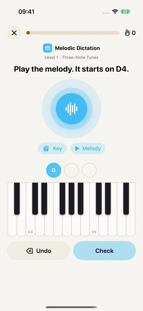 Play it back: Answer melodic dictation on a piano keyboard.