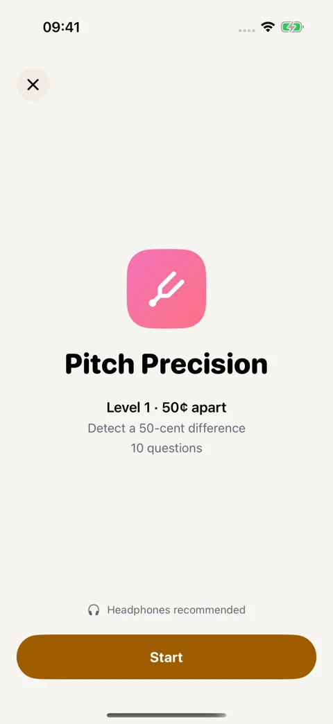 Pitch precision drill preview: Review the level and question count before starting.