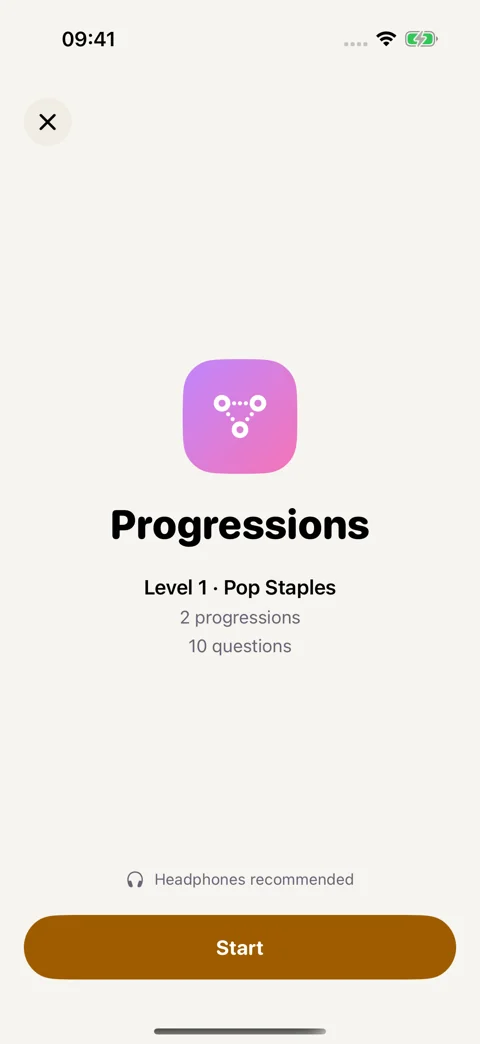 Progressions drill preview: Review the level and question count before starting.