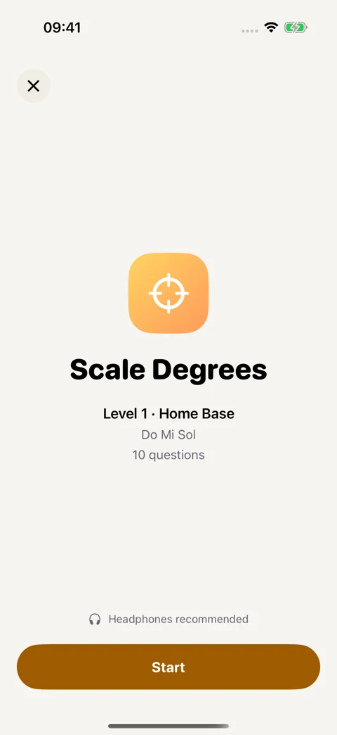 Scale degrees drill preview: Review the level and question count before starting.