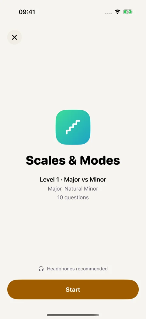 Scales & modes drill preview: Review the level and question count before starting.