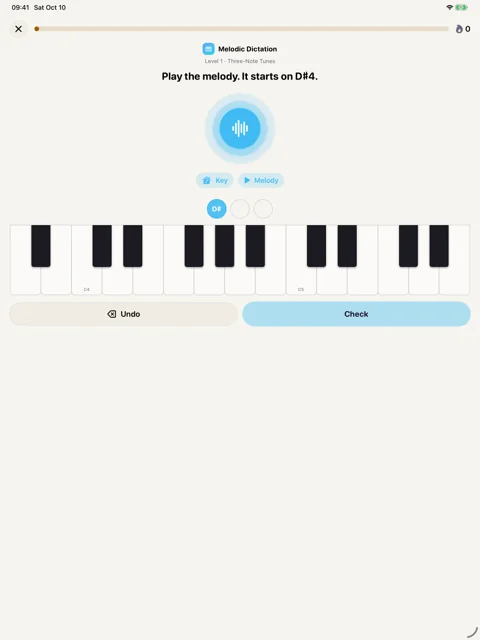 Play it back · iPad: Answer melodic dictation on a piano keyboard.