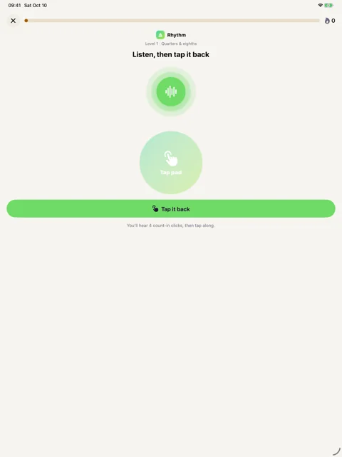 Rhythm tap-back · iPad: Listen to the pattern, then tap it back.