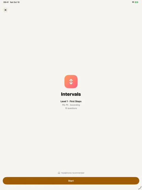Intervals drill preview · iPad: Review the level and question count before starting.