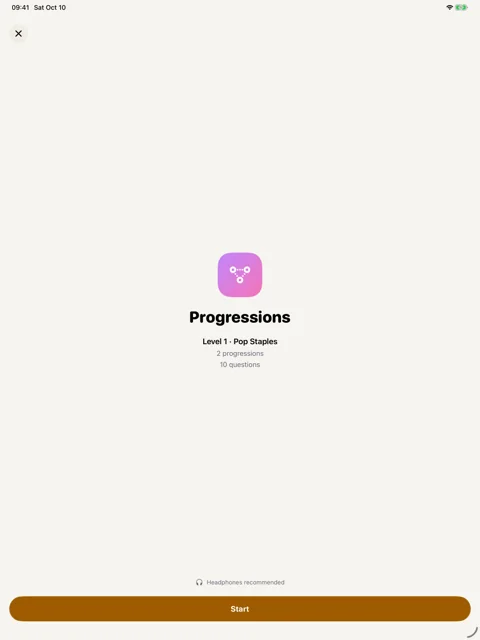 Progressions drill preview · iPad: Review the level and question count before starting.