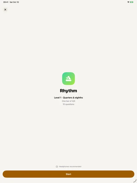 Rhythm drill preview · iPad: Review the level and question count before starting.