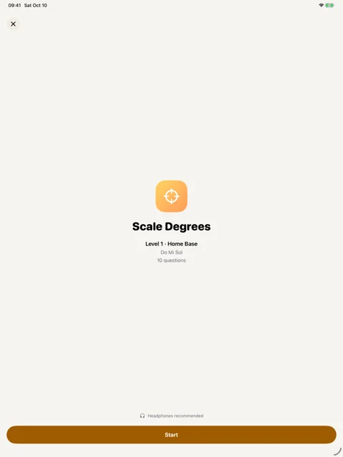Scale degrees drill preview · iPad: Review the level and question count before starting.