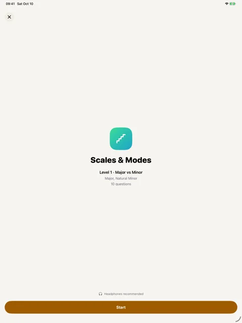 Scales & modes drill preview · iPad: Review the level and question count before starting.
