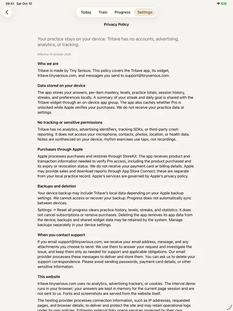 Privacy, inside the app · iPad: A bundled policy that works offline.