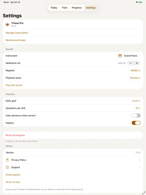 Tune your experience · iPad: Sound, reference pitch, register, and playback pace.