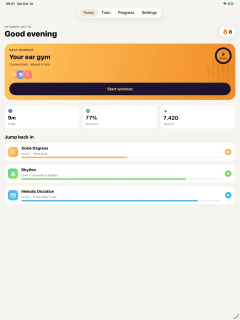 Your daily starting point · iPad: A goal, a streak, and a workout picked for you.