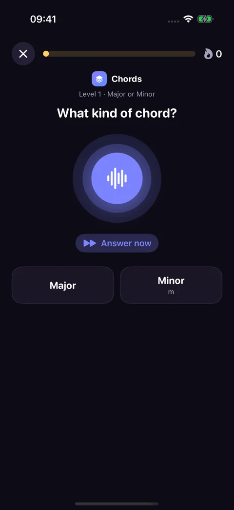 Chords · Dark mode: Recognize the quality of the chord you hear.