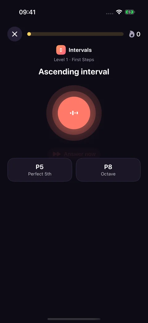 Intervals · Dark mode: Name the distance between two notes.