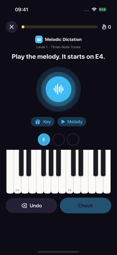 Play it back · Dark mode: Answer melodic dictation on a piano keyboard.