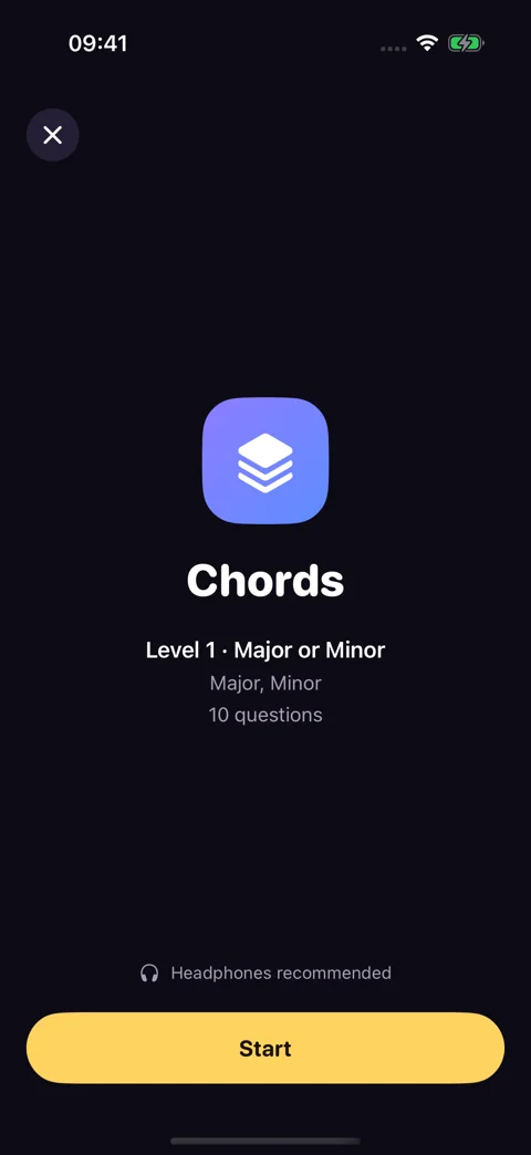 Chords drill preview · Dark mode: Review the level and question count before starting.
