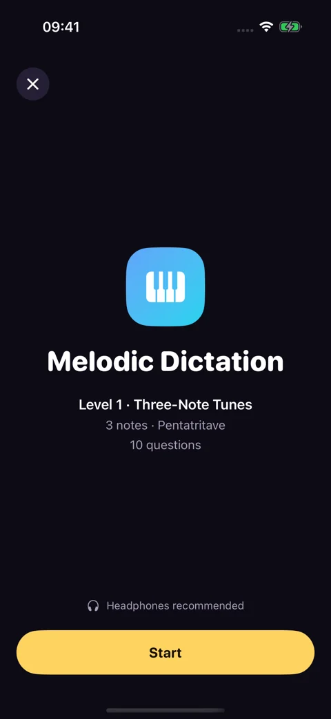 Melodic dictation drill preview · Dark mode: Review the level and question count before starting.