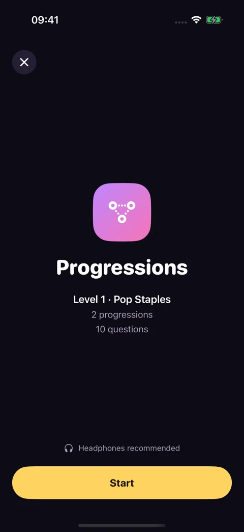 Progressions drill preview · Dark mode: Review the level and question count before starting.
