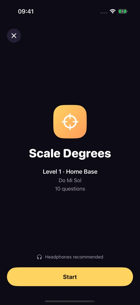 Scale degrees drill preview · Dark mode: Review the level and question count before starting.