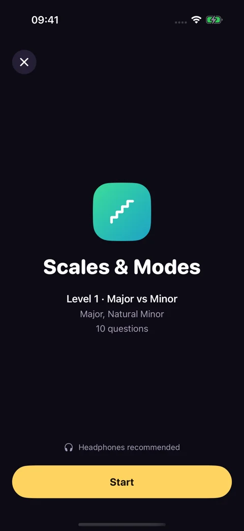 Scales & modes drill preview · Dark mode: Review the level and question count before starting.