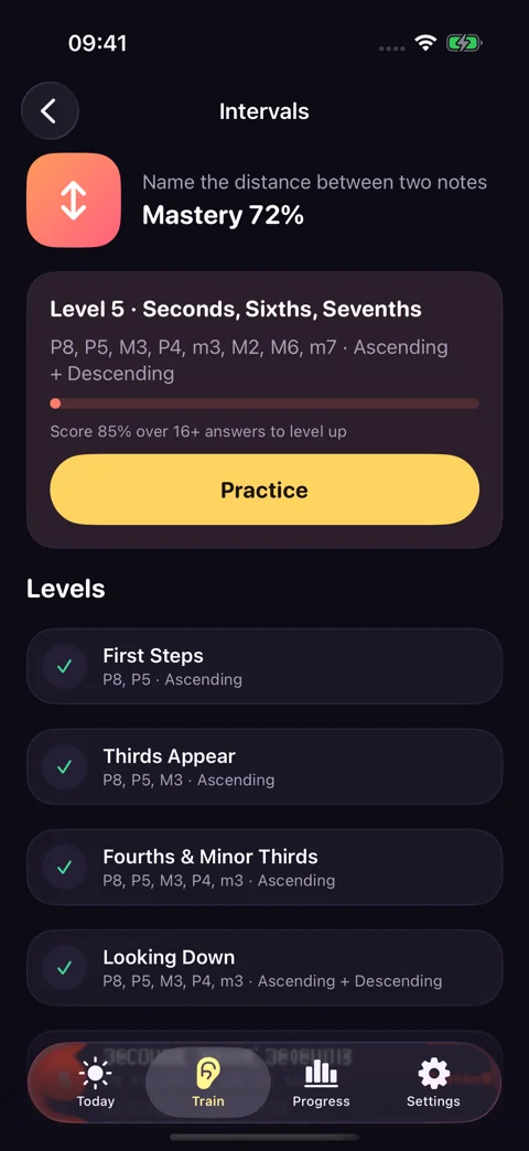A clear next step · Dark mode: A progressive curriculum with levels you earn.