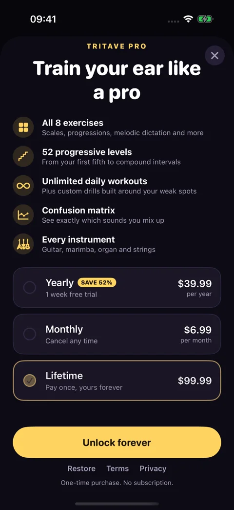 The lifetime option · Dark mode: A one-time purchase with no subscription.