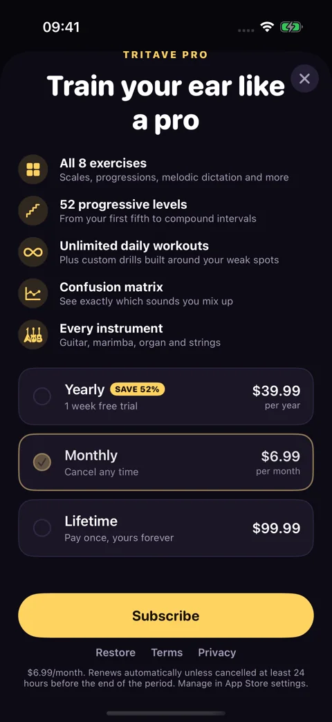 The monthly option · Dark mode: A monthly subscription with its own price and renewal details.