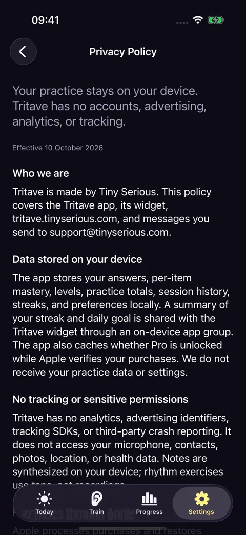 Privacy, inside the app · Dark mode: A bundled policy that works offline.