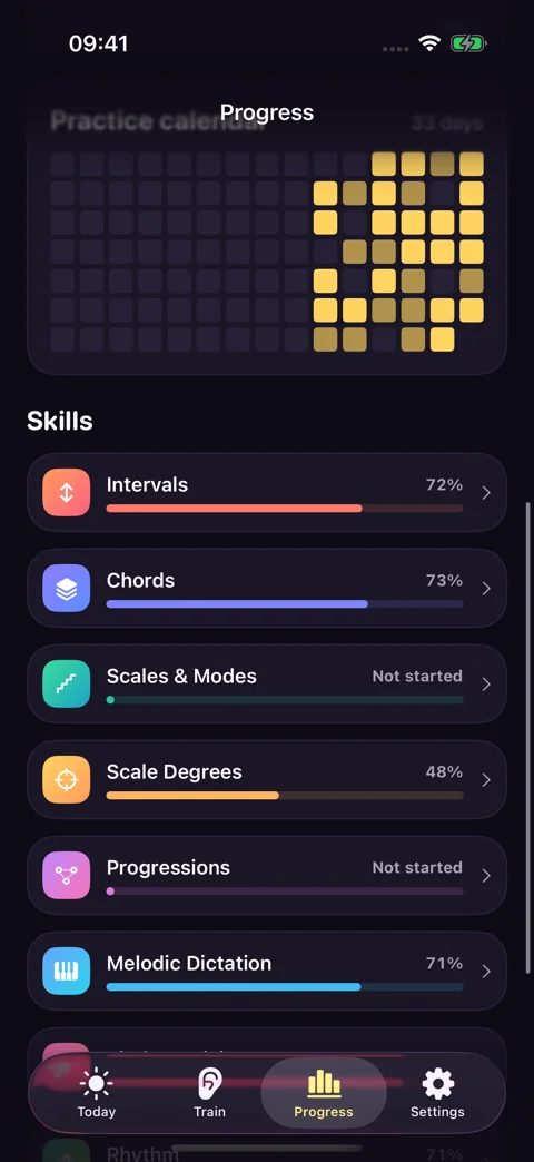 Your practice calendar · Dark mode: See your activity and mastery across skills.