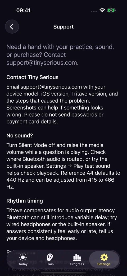 Support, inside the app · Dark mode: Troubleshooting and a direct email to Tiny Serious.