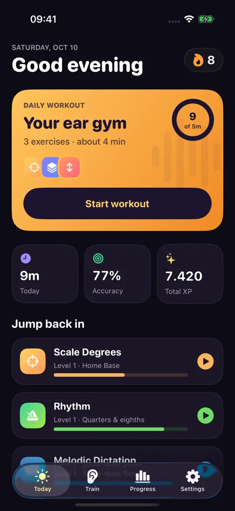 Your daily starting point · Dark mode: A goal, a streak, and a workout picked for you.