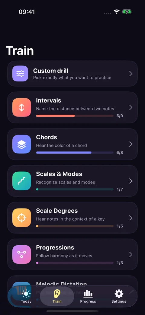 Choose your practice · Dark mode: Browse exercises and build a custom drill.