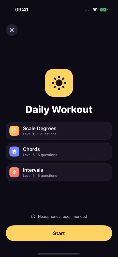 A workout made for today · Dark mode: Three short blocks for focused daily practice.