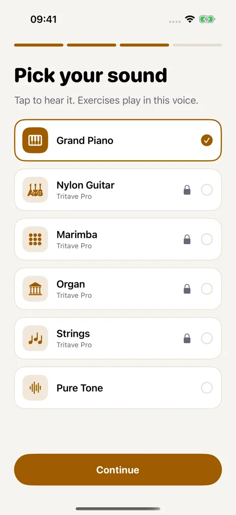 Find your sound: Preview an instrument for your exercises.