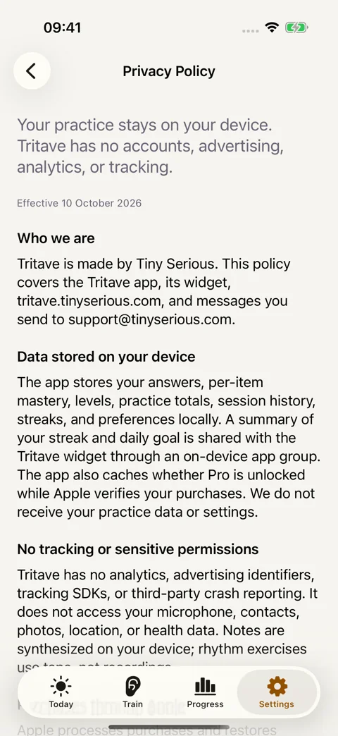 Privacy, inside the app: A bundled policy that works offline.