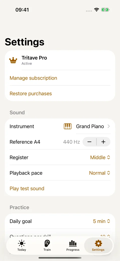 Tune your experience: Sound, reference pitch, register, and playback pace.
