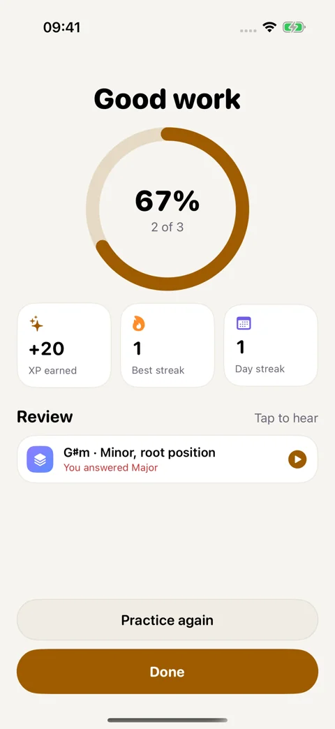 Your session at a glance: Review accuracy, XP, and the sounds to revisit.