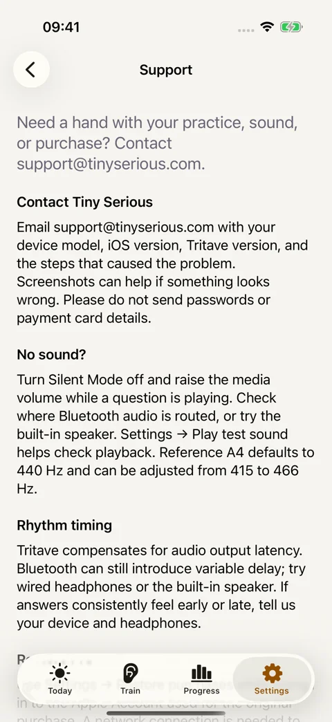 Support, inside the app: Troubleshooting and a direct email to Tiny Serious.