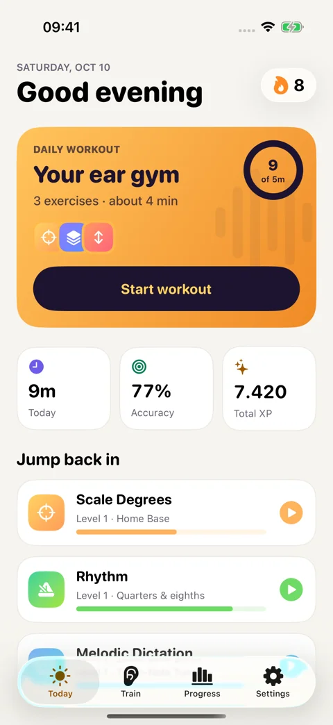Your daily starting point: A goal, a streak, and a workout picked for you.